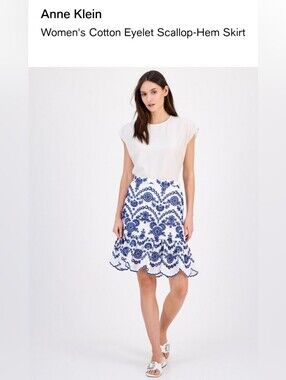 Anne Klein White Skirt with Blue Eyelet Embroidery
